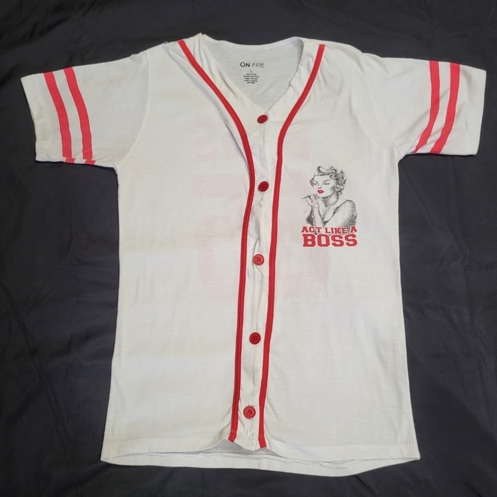 On Fire "Like A Boss" #85 White/Red Baseball Jersey Shirt Women Size Large